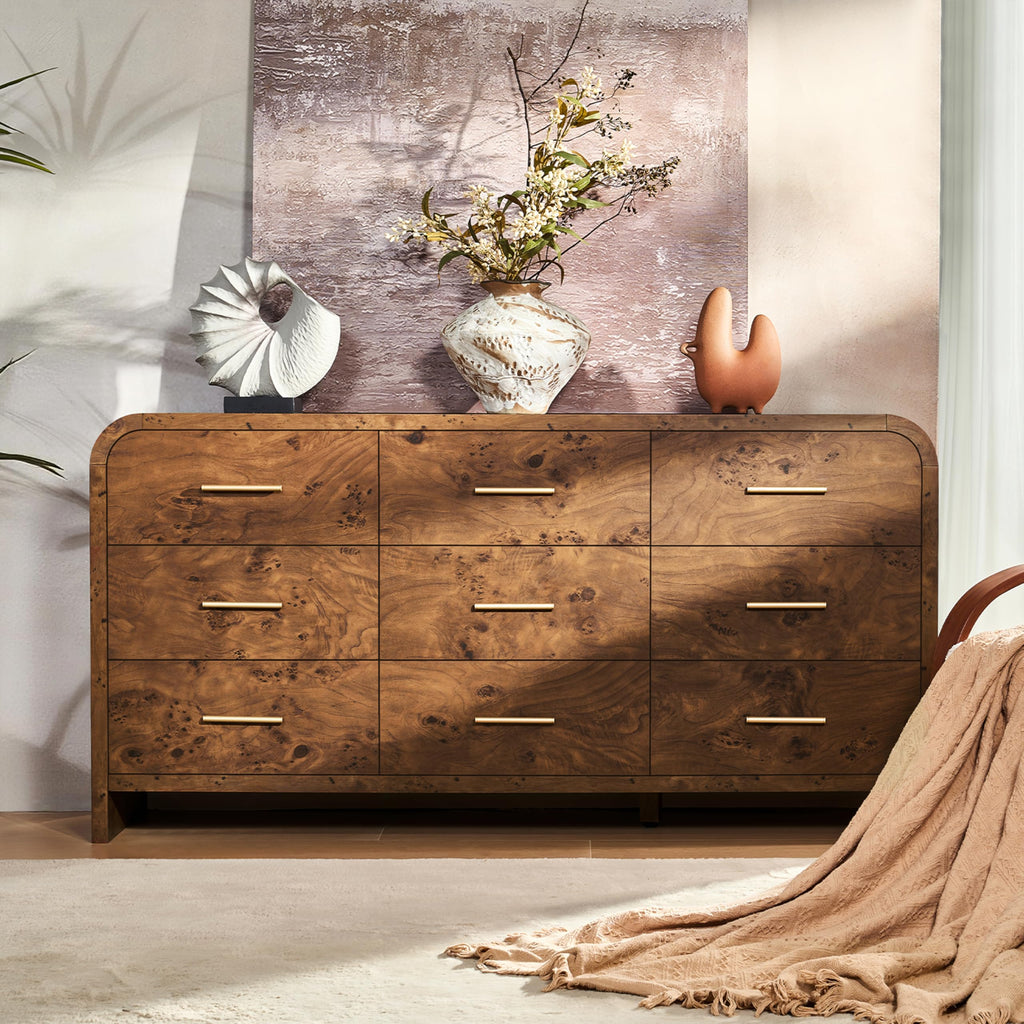 Vintagearth 9 Drawers Dresser for Bedroom, Curved FSC-certified Wood 1.18" Thick Board Dressers & Chests of Drawers for  Living Room, Hallway, Entryway, Dark Burl