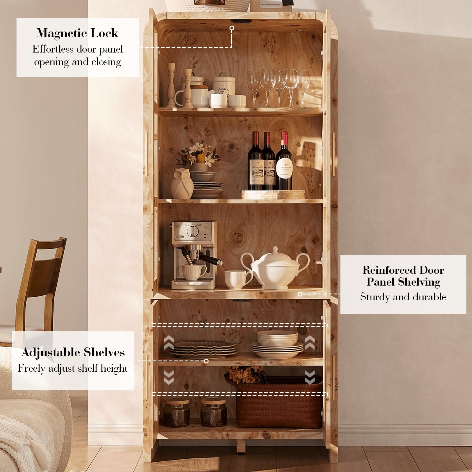 Vintagearth  77" Tall Kitchen Pantry Cabinet, 1.18'' Thick Panel Curved Storage Cupboard with Adjustable Shelf, Freestanding Organizer for Kitchen, Dining Room, Light Burl