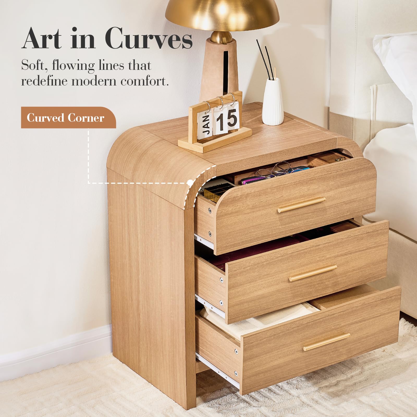 Vintagearth Nightstand Set of 2, 26.7" Tall Modern Curved Bedside Table, FSC-Certified Wood End Table, 3 Drawer Storage, Oak