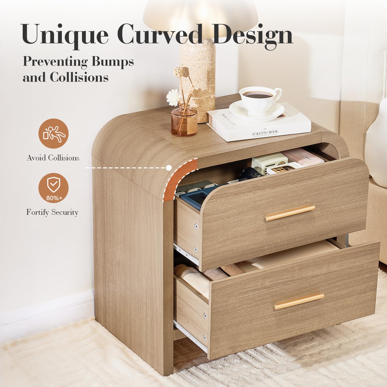 Vintagearth Nightstand 24" Tall Modern Curved Bedside Table, FSC-Certified Wood End Table, 2 Drawer Storage