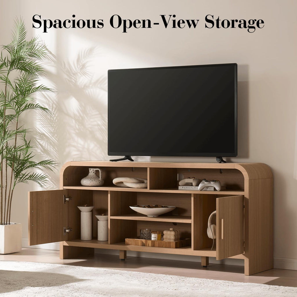 Vintagearth TV Stand with FSC-Certified 1.22" Thick Board, Storage Cabinets & Open Shelves, Curved Edge Entertainment Center for TVs up to 65", Oak
