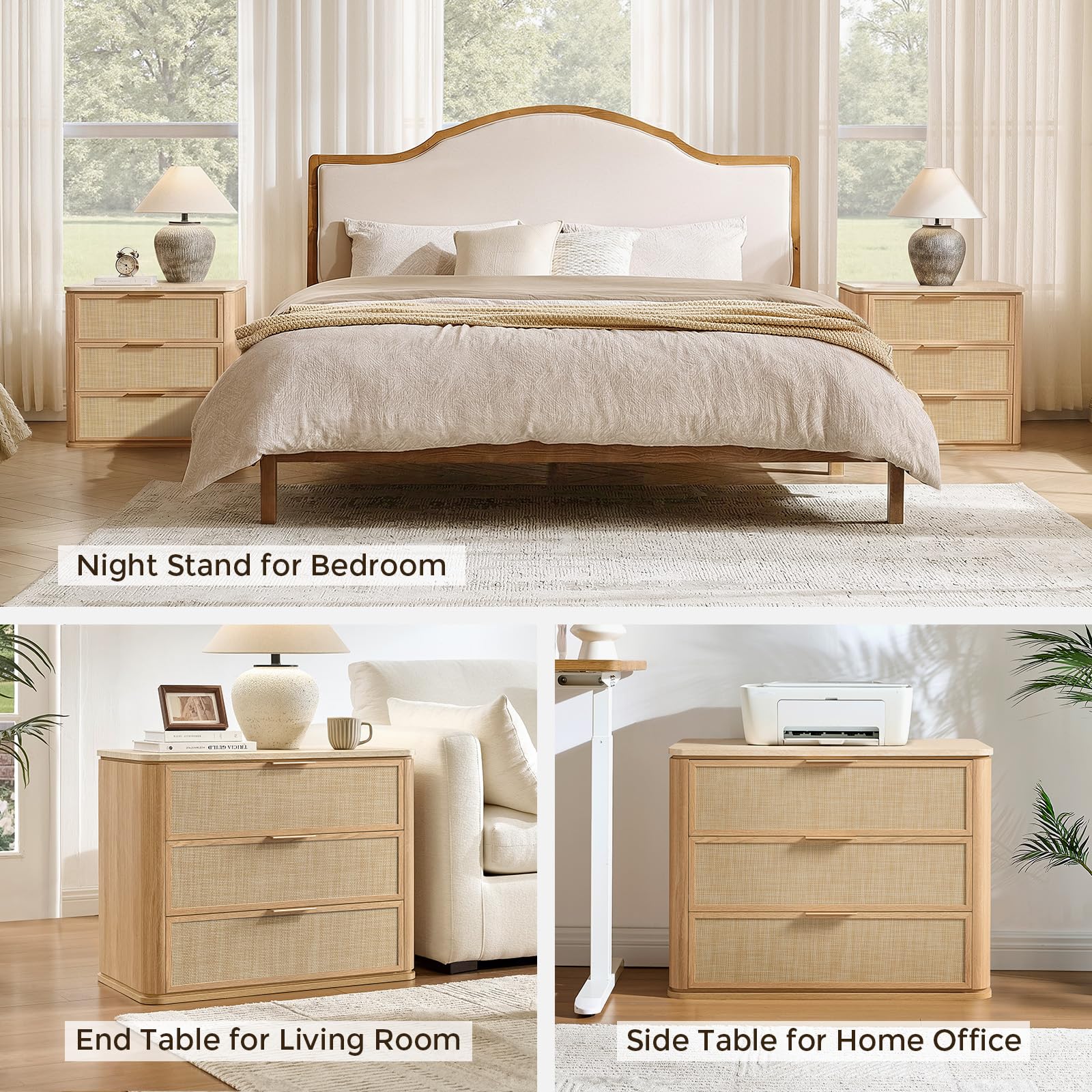 Vintagearth Nightstand Set of 2, 30.71" W Boho Rattan Faux Marble Top Bedside Table, FSC-Certified 1.97" Thick Wood End Table, 3 Drawer Storage, Natural Oak