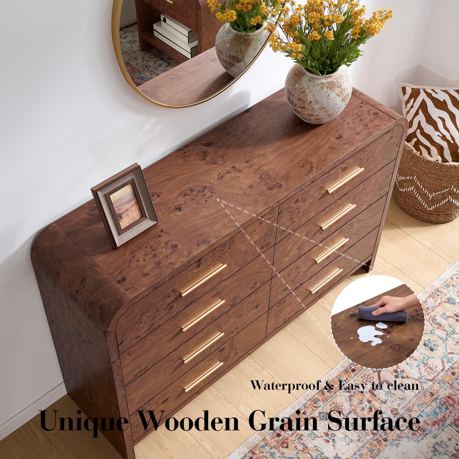 Vintagearth 8 Drawers Dresser for Bedroom, Curved FSC-certified Wood 1.18" Thick Board Dressers & Chests of Drawers for  Living Room, Hallway, Entryway, Dark Burl