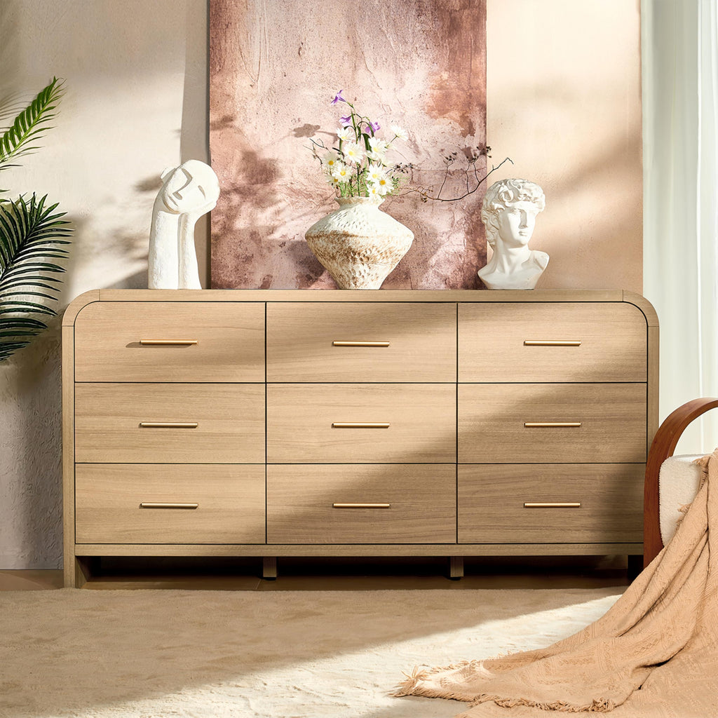 Vintagearth 9 Drawers Dresser for Bedroom, Curved FSC-certified Wood 1.18" Thick Board Dressers & Chests of Drawers for  Living Room, Hallway, Entryway, Oak
