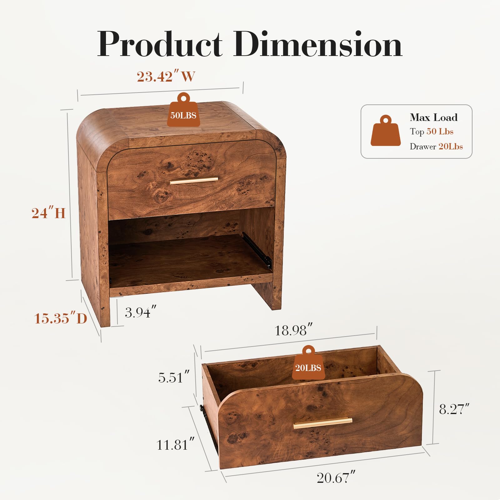 Vintagearth Nightstand Set of 2, 24" Tall Modern Curved Bedside Table, FSC-Certified Wood End Table, 2 Drawer Storage, Dark Burl