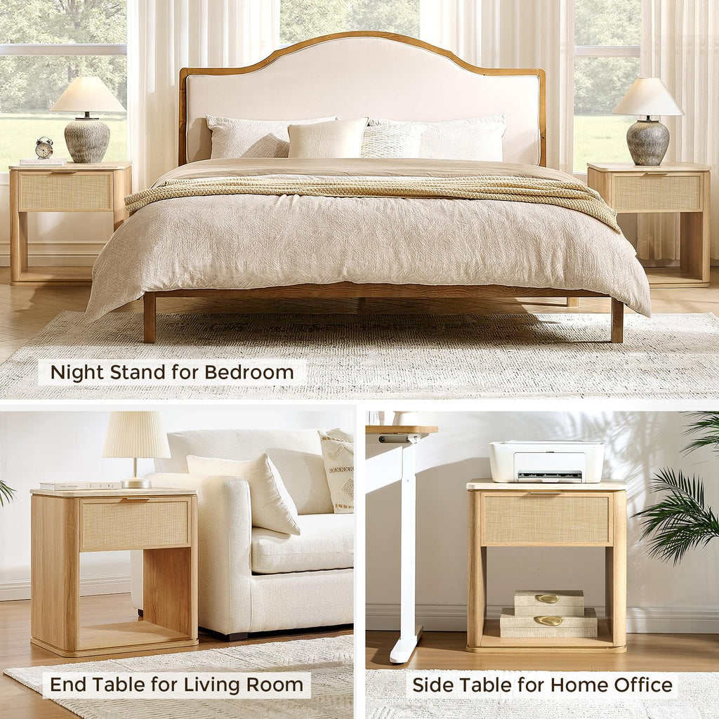 Vintagearth Nightstand 23.11" W Boho Rattan Faux Marble Top Bedside Table, FSC-Certified 1.97" Thick Wood End Table, 1 Drawer & 1 Open Storage Shelf, Natural Oak