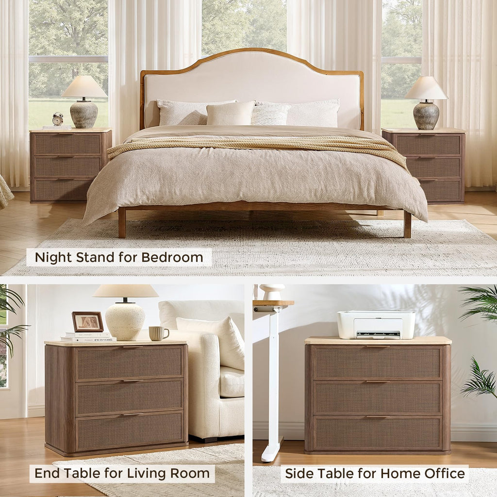 Vintagearth Nightstand 30.71" W Boho Rattan Faux Marble Top Bedside Table, FSC-Certified 1.97" Thick Wood End Table, 3 Drawer Storage, Dark Oak