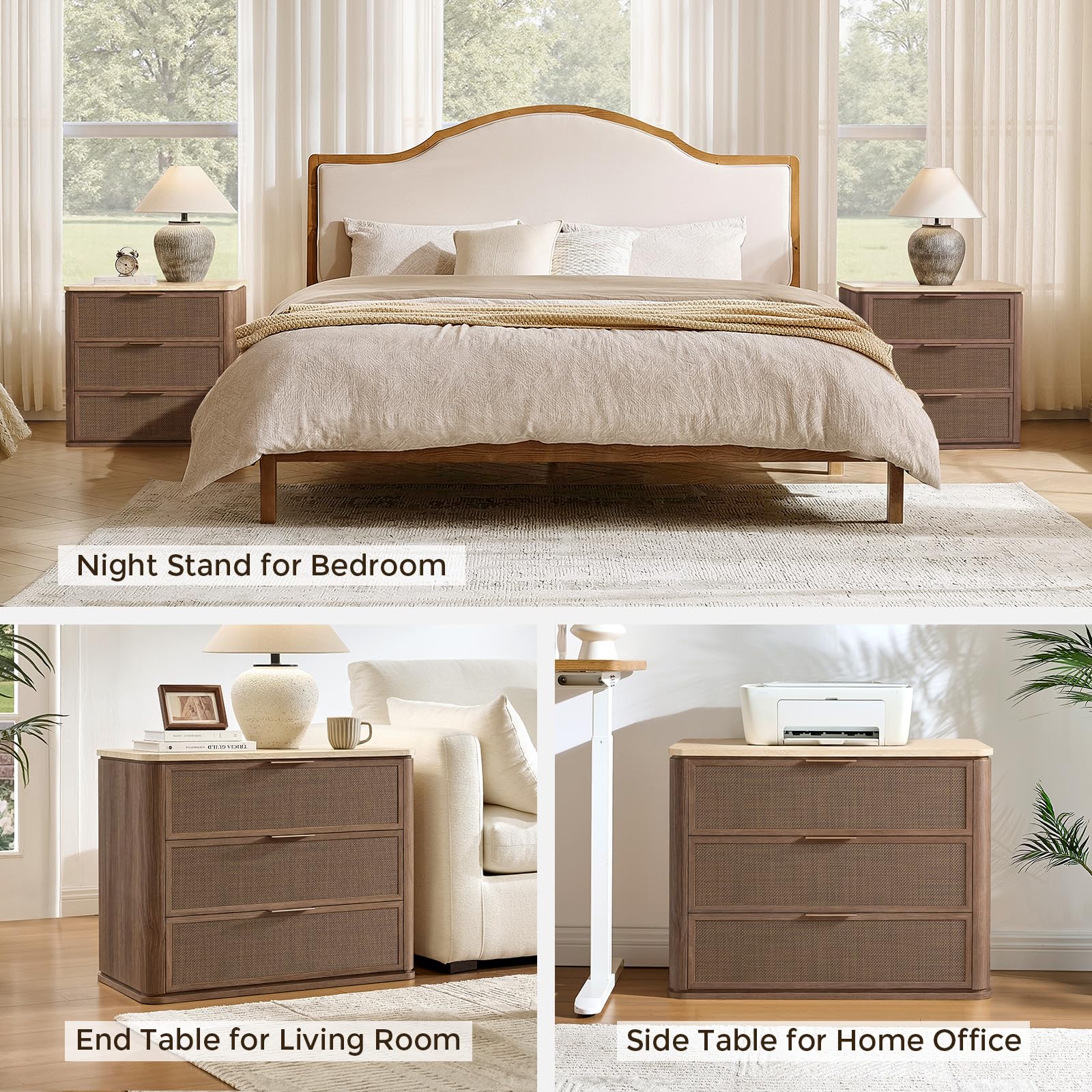 Vintagearth Nightstand 30.71" W Boho Rattan Faux Marble Top Bedside Table, FSC-Certified 1.97" Thick Wood End Table, 3 Drawer Storage, Dark Oak