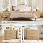Vintagearth Nightstand 30.71" W Boho Rattan Faux Marble Top Bedside Table, FSC-Certified 1.97" Thick Wood End Table, 3 Drawer Storage, Natural Oak