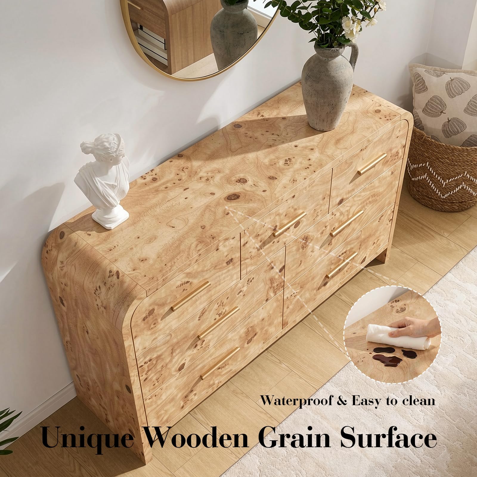Vintagearth 7 Drawers Dresser for Bedroom, Curved FSC-certified Wood 1.18" Thick Board Dressers & Chests of Drawers for  Living Room, Hallway, Entryway, Light Burl