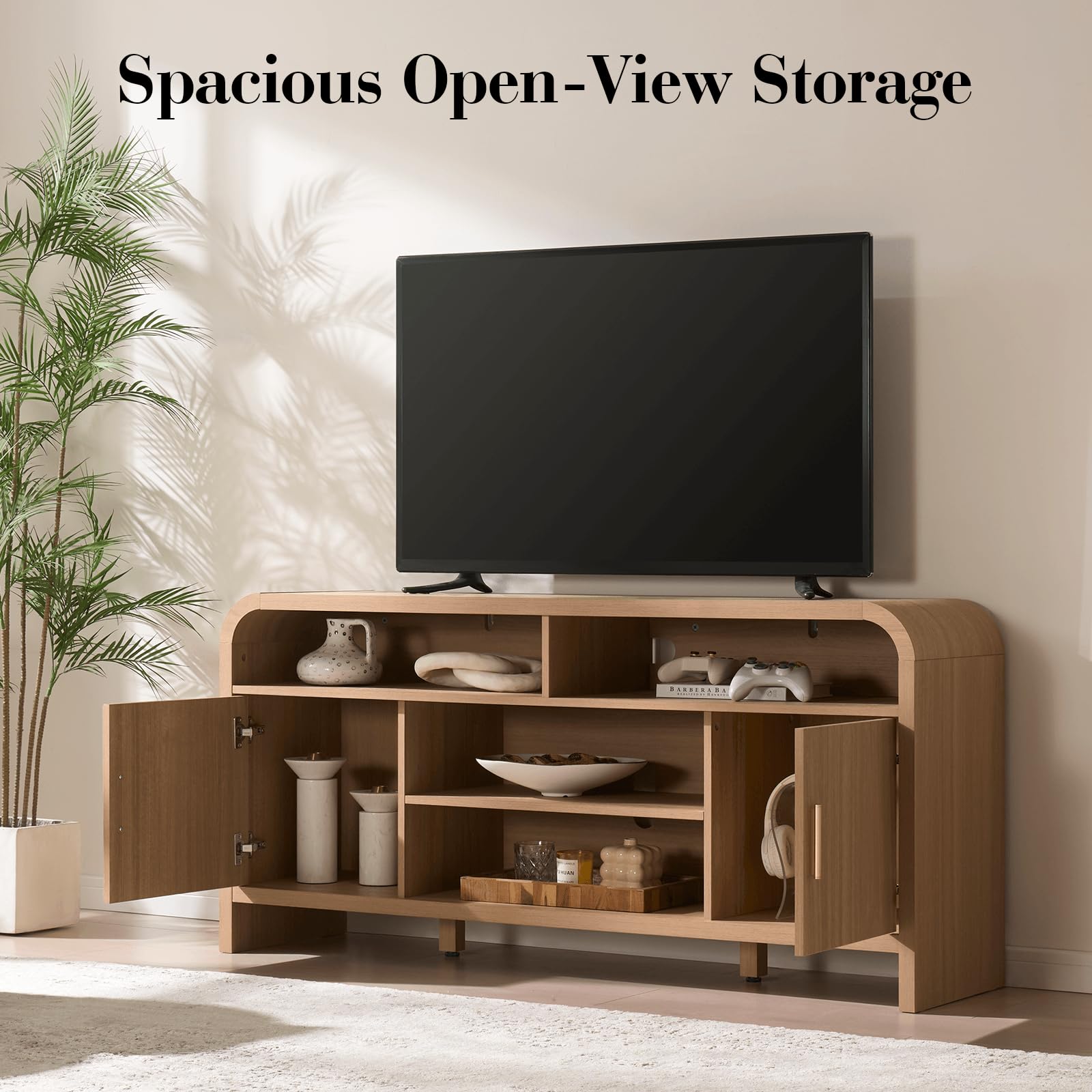 Mueble de TV Vintagearth, centro de entretenimiento de madera con certificación FSC, diseño curvado único, armarios de almacenamiento y estantes ajustables, consola multimedia moderna, fácil montaje, Light Burl