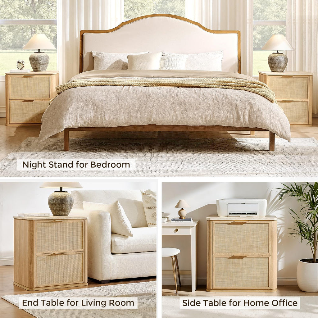 Vintagearth Nightstand 23.11" W Boho Rattan Faux Marble Top Bedside Table, FSC-Certified 1.97" Thick Wood End Table, 2 Drawer Storage, Natural Oak
