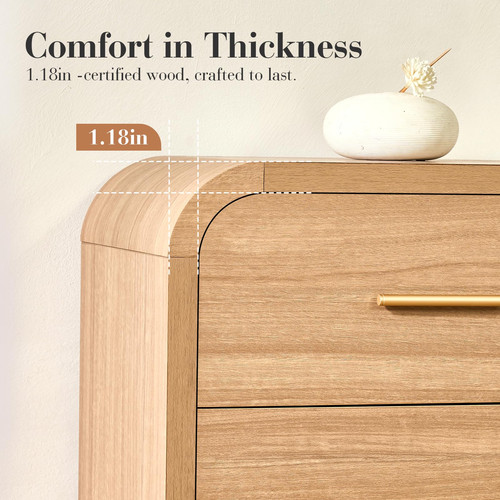 Vintagearth Nightstand 26.7" Tall Modern Curved Bedside Table, FSC-Certified Wood End Table, 3 Drawer Storage