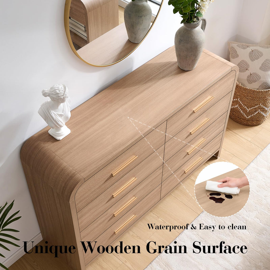 Vintagearth 8 Drawers Dresser for Bedroom, Curved FSC-certified Wood 1.18" Thick Board Dressers & Chests of Drawers for  Living Room, Hallway, Entryway, Oak