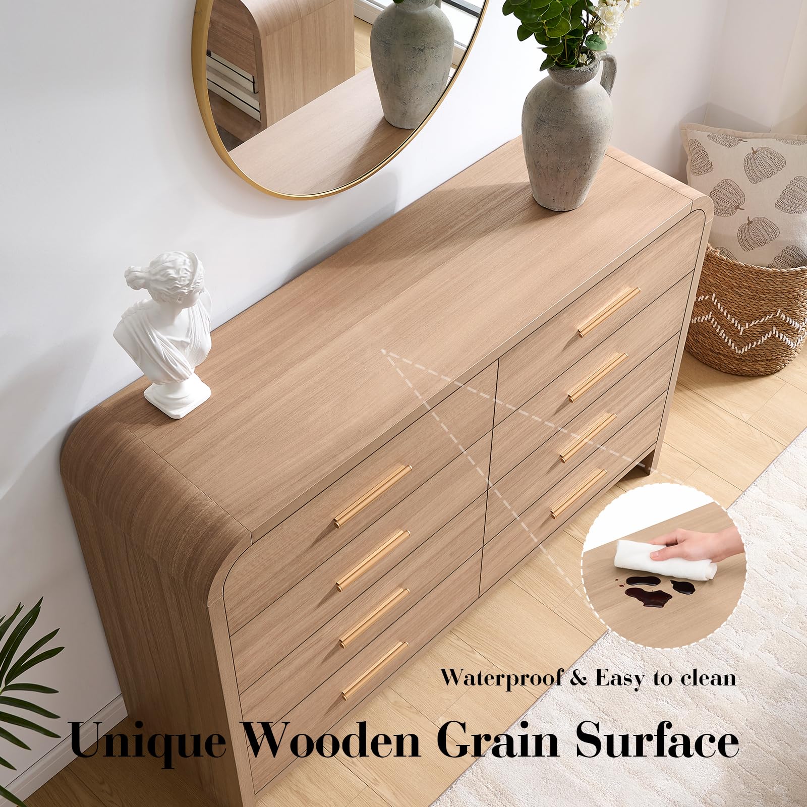 Vintagearth 8 Drawers Dresser for Bedroom, Curved FSC-certified Wood 1.18" Thick Board Dressers & Chests of Drawers for  Living Room, Hallway, Entryway, Oak