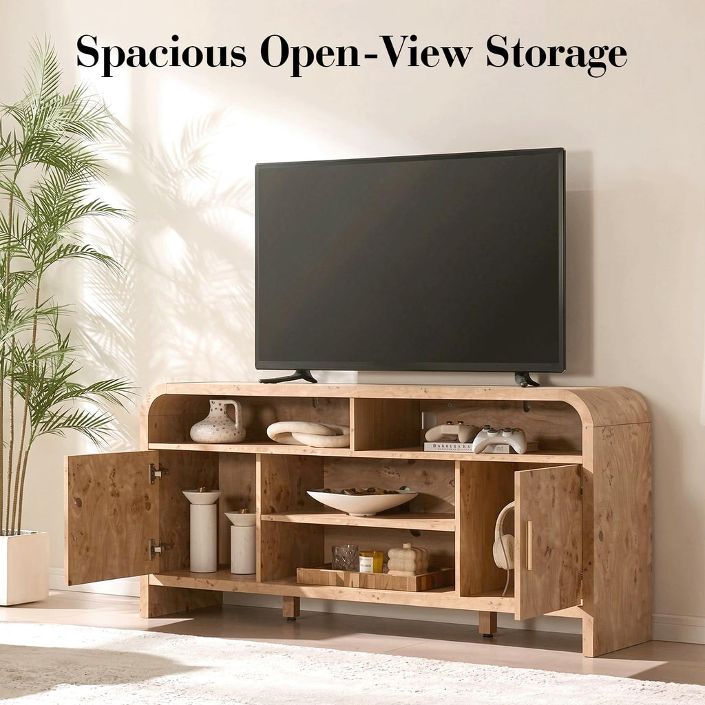 Vintagearth TV Stand with FSC-Certified 1.22" Thick Board, Storage Cabinets & Open Shelves, Curved Edge Entertainment Center for TVs up to 65", Light Burl