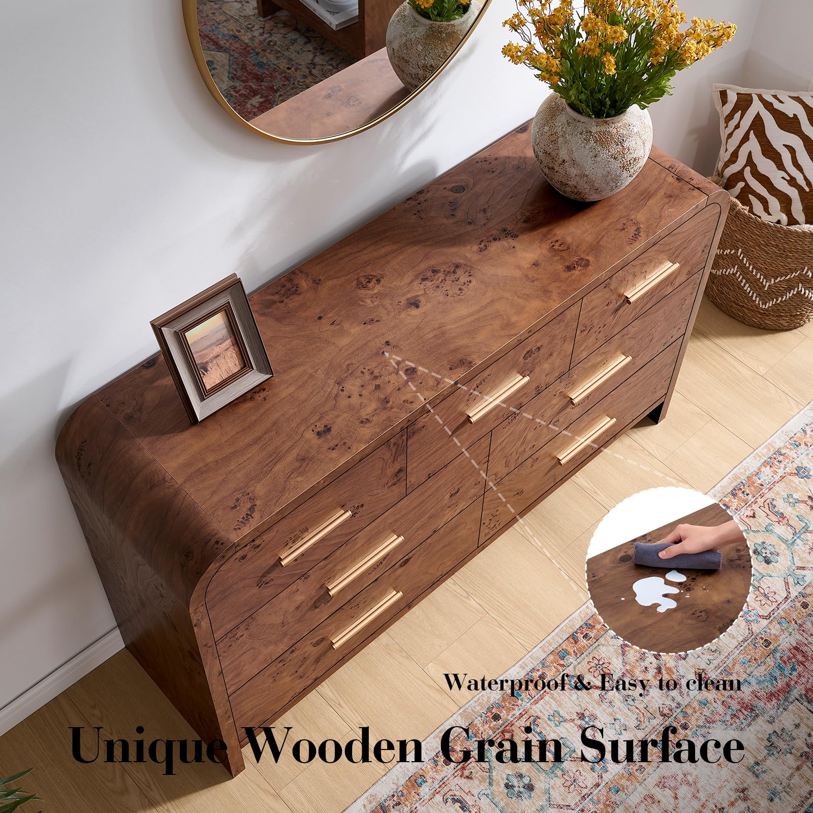 Vintagearth 7 Drawers Dresser for Bedroom, Curved FSC-certified Wood 1.18" Thick Board Dressers & Chests of Drawers for  Living Room, Hallway, Entryway, Dark Burl