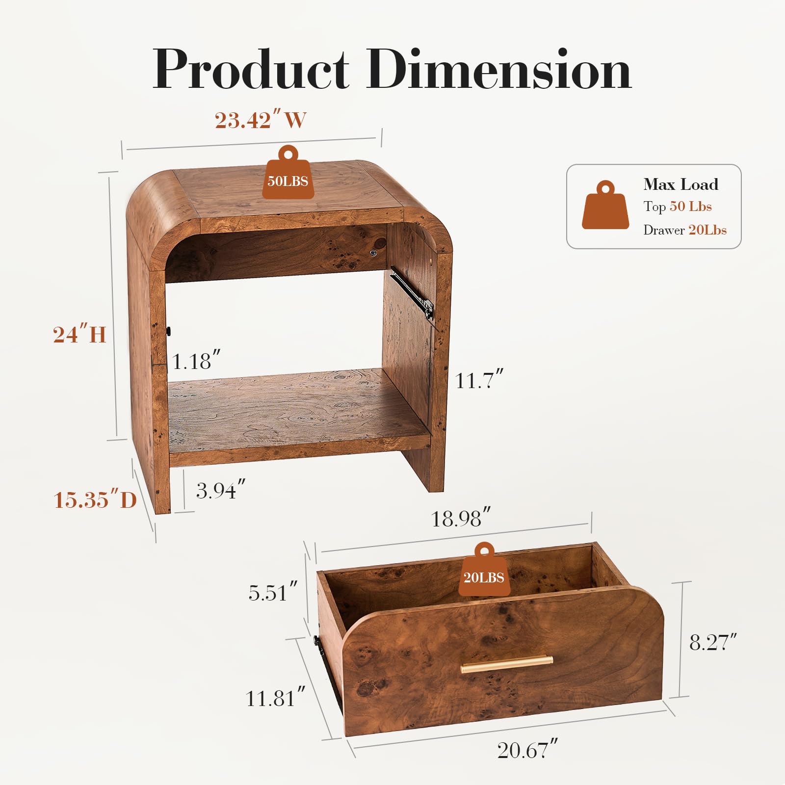 Vintagearth Nightstand 24" Tall Modern Curved Bedside Table, FSC-Certified Wood End Table, 1 Drawer & 1 Open Storage Shelf, Dark Burl
