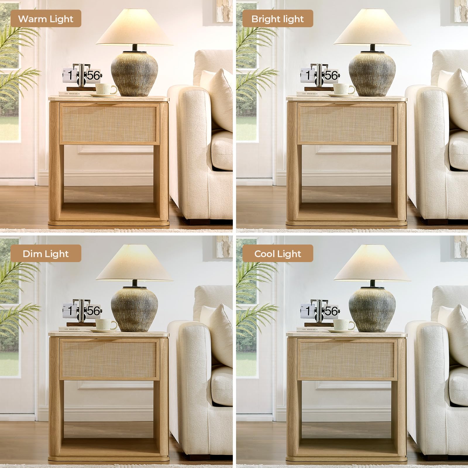 Vintagearth Nightstand 23.11" W Boho Rattan Faux Marble Top Bedside Table, FSC-Certified 1.97" Thick Wood End Table, 1 Drawer & 1 Open Storage Shelf, Natural Oak