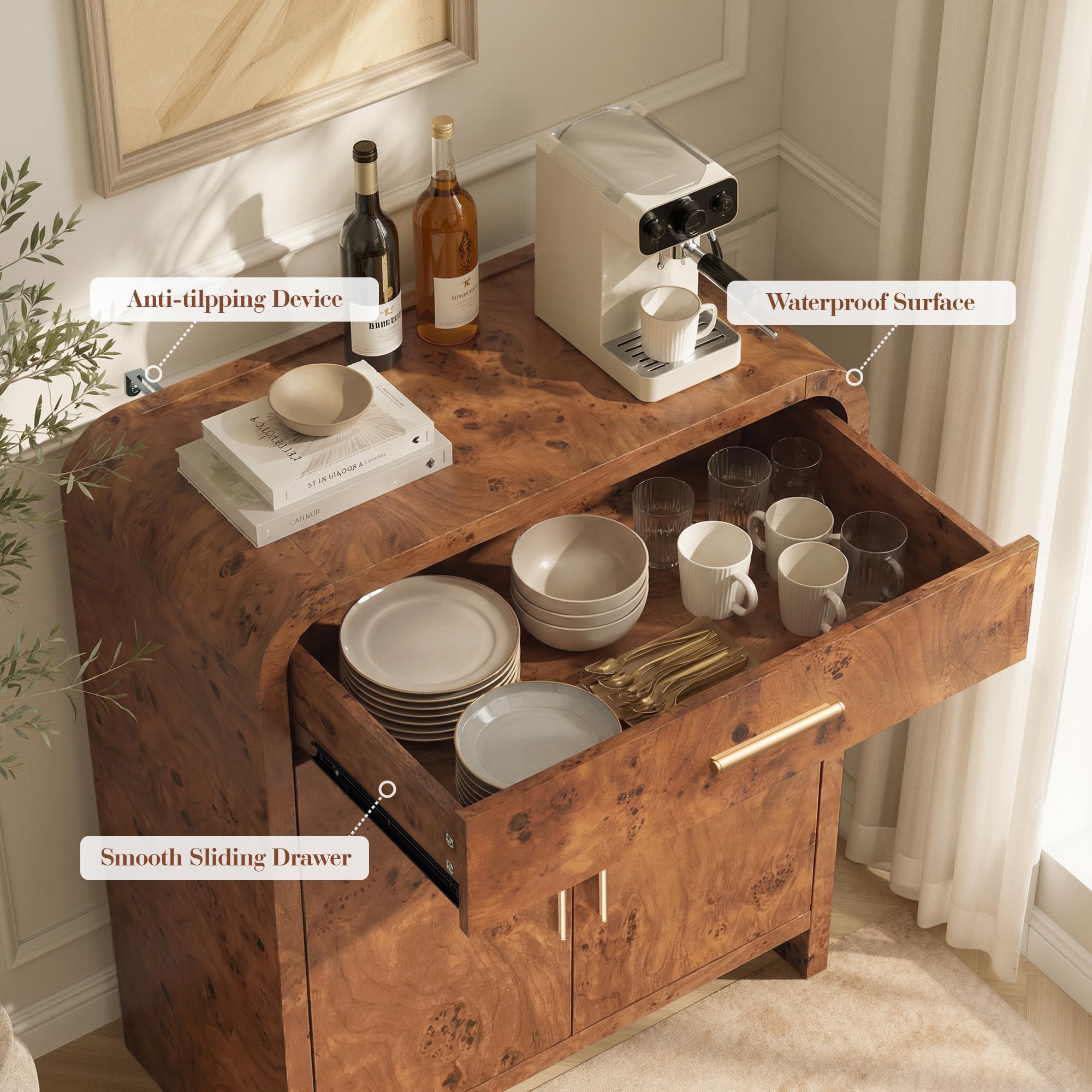 Vintagearth 31.3" Sideboard Buffet Cabinet with Storage, 1.18" Thick FSC-Certified Wood Curved Storage Cabinet with 2 Doors & 1 Drawer, Adjustable Shelf for Kitchen, Dining Room, Living Room, Entryway, Dark Burl, 2 pc