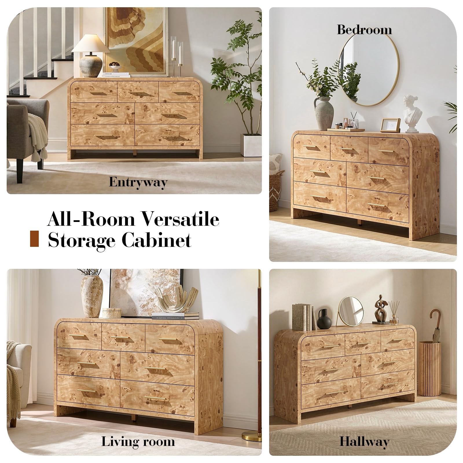 Vintagearth 7 Drawers Dresser for Bedroom, Curved FSC-certified Wood 1.18" Thick Board Dressers & Chests of Drawers for  Living Room, Hallway, Entryway, Light Burl