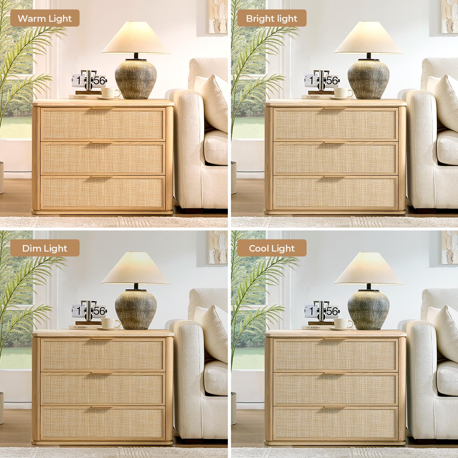 Vintagearth Nightstand 30.71" W Boho Rattan Faux Marble Top Bedside Table, FSC-Certified 1.97" Thick Wood End Table, 3 Drawer Storage, Natural Oak