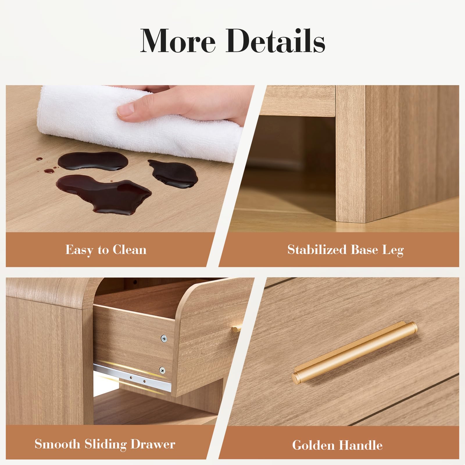 Vintagearth Mesita de Noche de 61 cm de Alto, Moderna Mesa Auxiliar Curva de Madera Certificada FSC, 1 Cajón y 1 Estante Abierto, Burl Claro