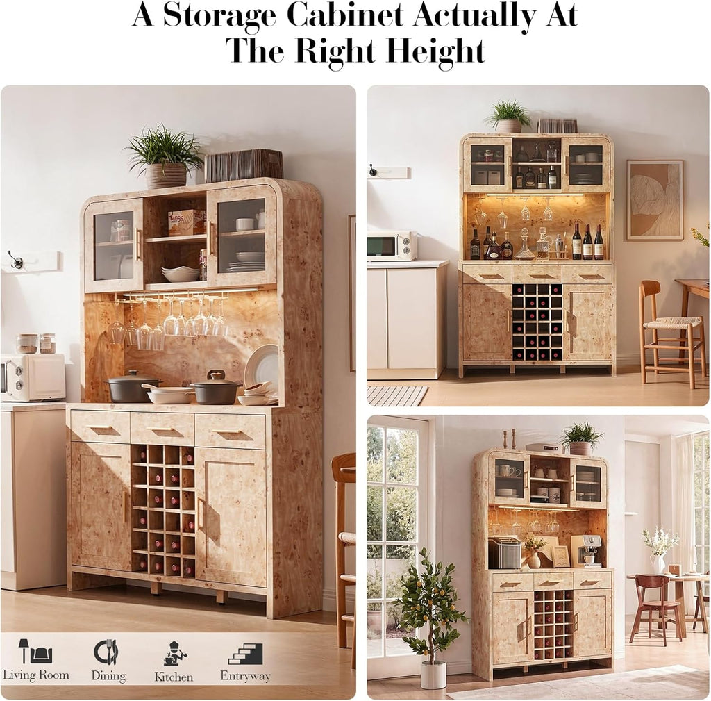 Vintagearth 77" Tall Kitchen Pantry Cabinet with Charging Station & LED Lights, 24-Bottle Wine Rack Coffee Bar Cabinet for Home Dining Room Kitchen, Light Burl