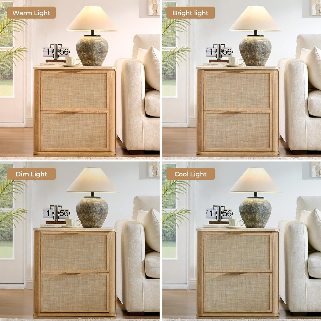 Vintagearth Nightstand Set of 2, 23.11" W Boho Rattan Faux Marble Top Bedside Table, FSC-Certified 1.97" ThickWood End Table, 2 Drawer Storage, Natural Oak