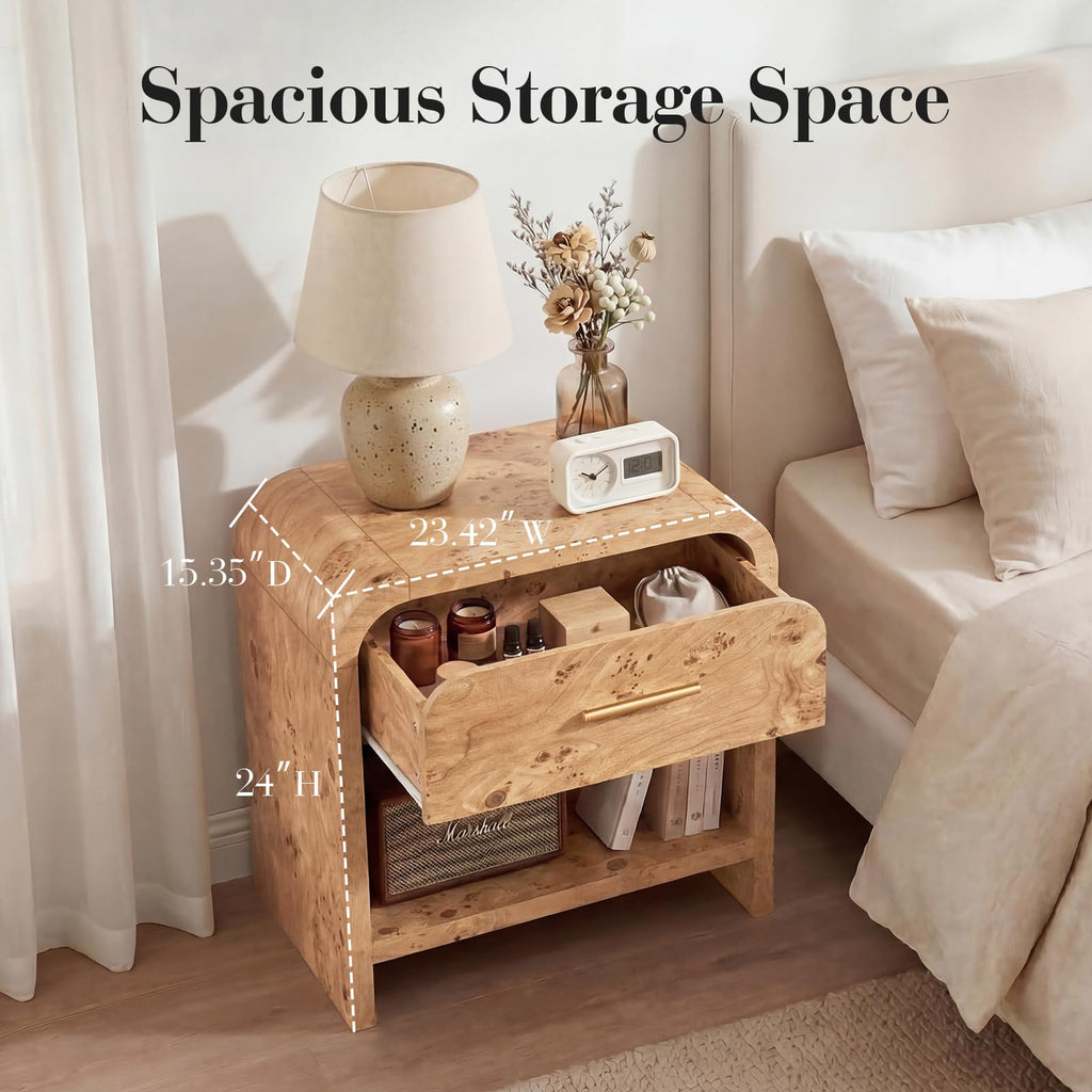 Vintagearth Nightstand 24" Tall Modern Curved Bedside Table, FSC-Certified Wood End Table, 1 Drawer & 1 Open Storage Shelf, Light Burl