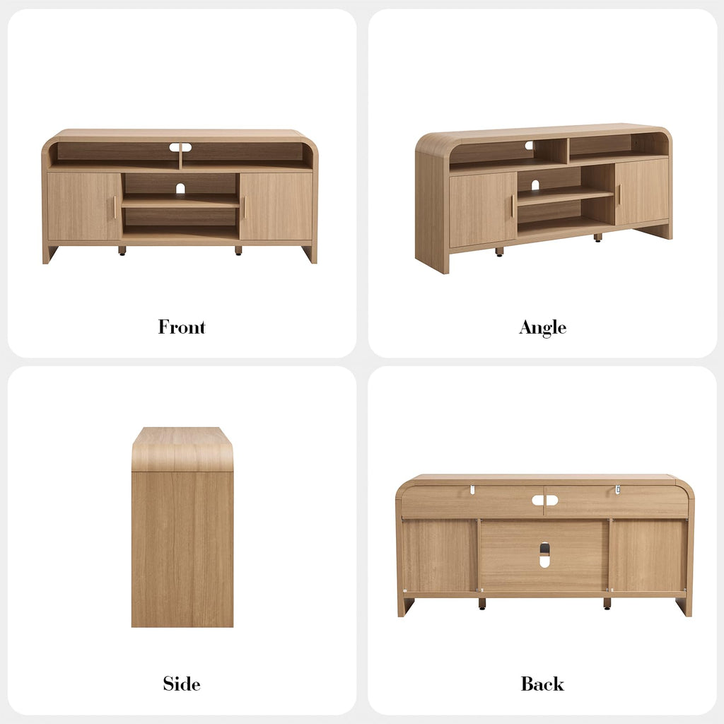 Mueble de TV Vintagearth, centro de entretenimiento de madera con certificación FSC, diseño curvado único, armarios de almacenamiento y estantes ajustables, consola multimedia moderna, fácil montaje, Light Burl