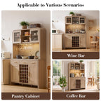 Vintagearth 77" Tall Kitchen Pantry Cabinet with Charging Station & LED Lights, 24-Bottle Wine Rack Coffee Bar Cabinet for Home Dining Room Kitchen
