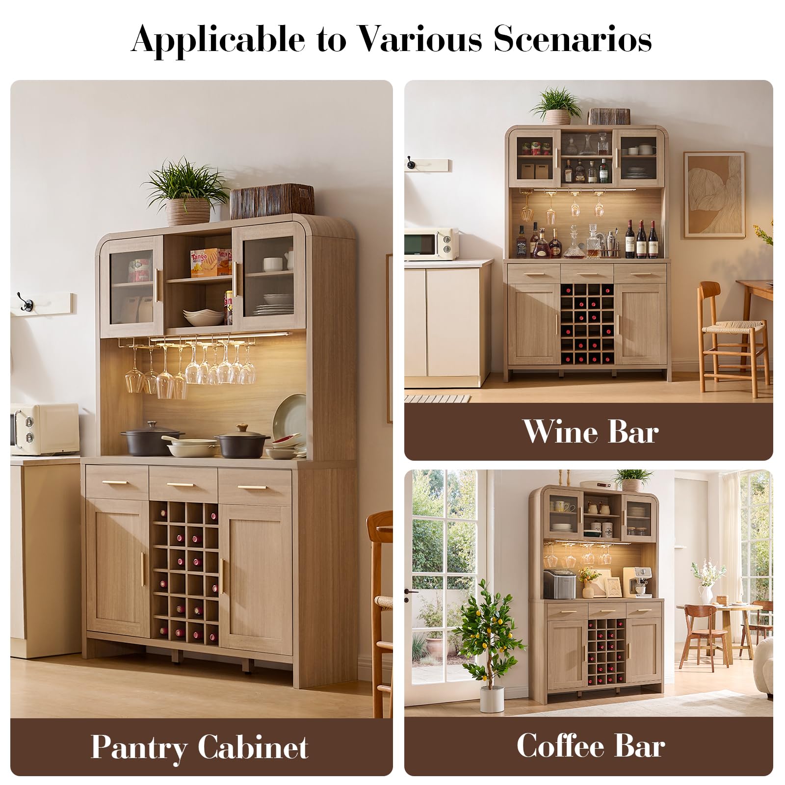 Vintagearth 77" Tall Kitchen Pantry Cabinet with Charging Station & LED Lights, 24-Bottle Wine Rack Coffee Bar Cabinet for Home Dining Room Kitchen