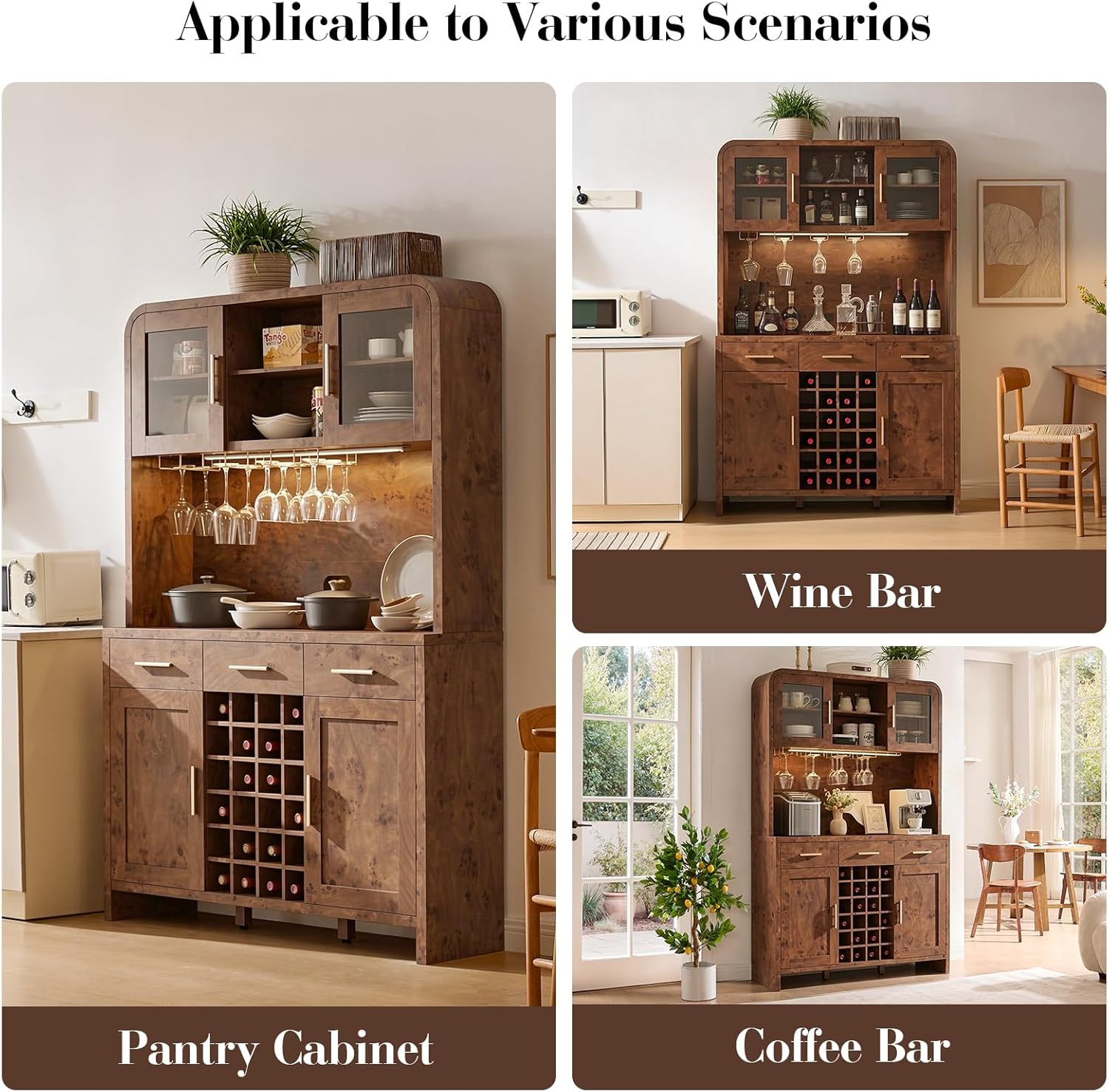 Vintagearth 77" Tall Kitchen Pantry Cabinet with Charging Station & LED Lights, 24-Bottle Wine Rack Coffee Bar Cabinet for Home Dining Room Kitchen, Dark Burl