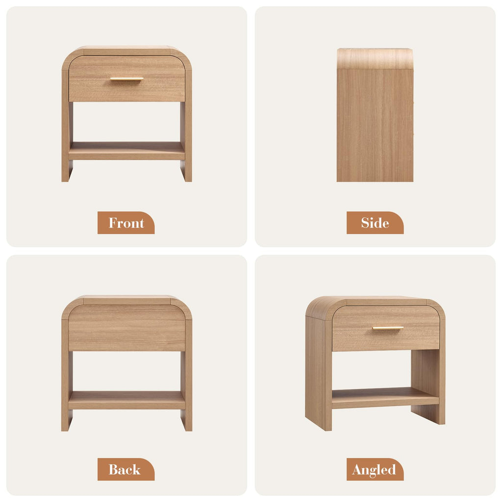 Vintagearth Mesita de Noche de 61 cm de Alto, Moderna Mesa Auxiliar Curva de Madera Certificada FSC, 1 Cajón y 1 Estante Abierto, Burl Claro