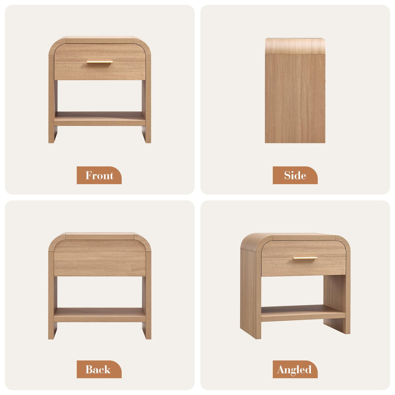 Vintagearth Nightstand 24" Tall Modern Curved Bedside Table, FSC-Certified Wood End Table, 1 Drawer & 1 Open Storage Shelf