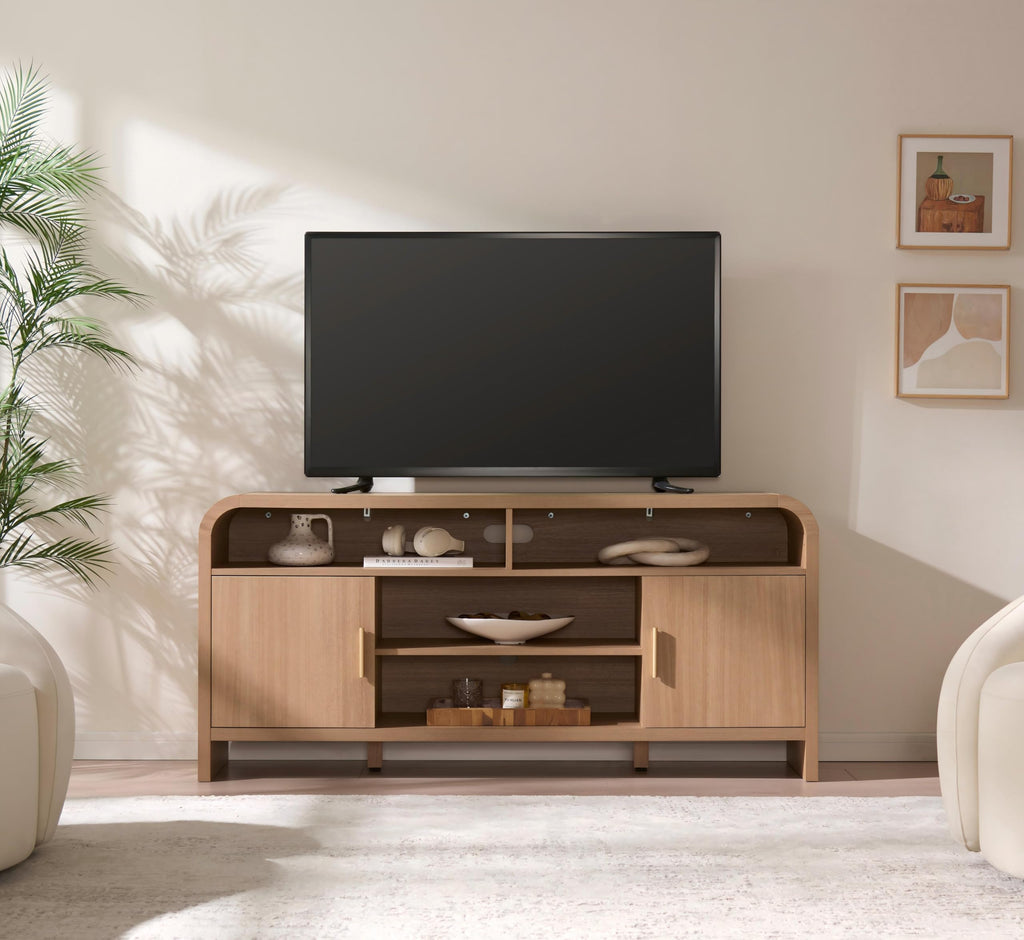 Mueble de TV Vintagearth, centro de entretenimiento de madera con certificación FSC, diseño curvado único, armarios de almacenamiento y estantes ajustables, consola multimedia moderna, fácil montaje, Light Burl