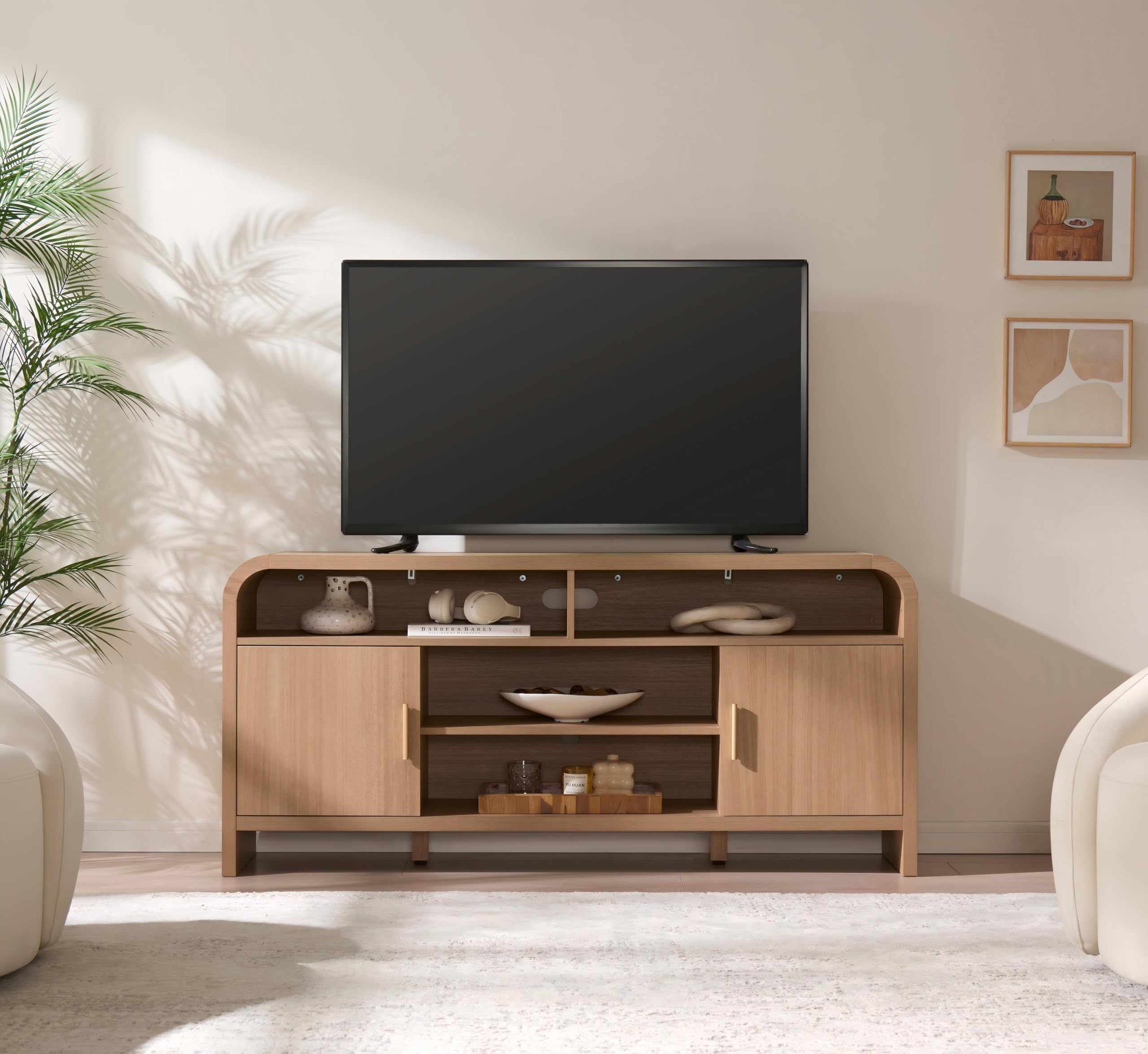 Mueble de TV Vintagearth, centro de entretenimiento de madera con certificación FSC, diseño curvado único, armarios de almacenamiento y estantes ajustables, consola multimedia moderna, fácil montaje, Light Burl