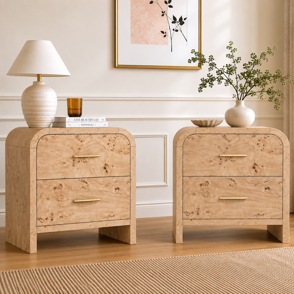 Vintagearth Nightstand Set of 2, 24" Tall Modern Bedside Table with 1.18" Thick FSC Certified Wood, 2 Drawer, Light Burl