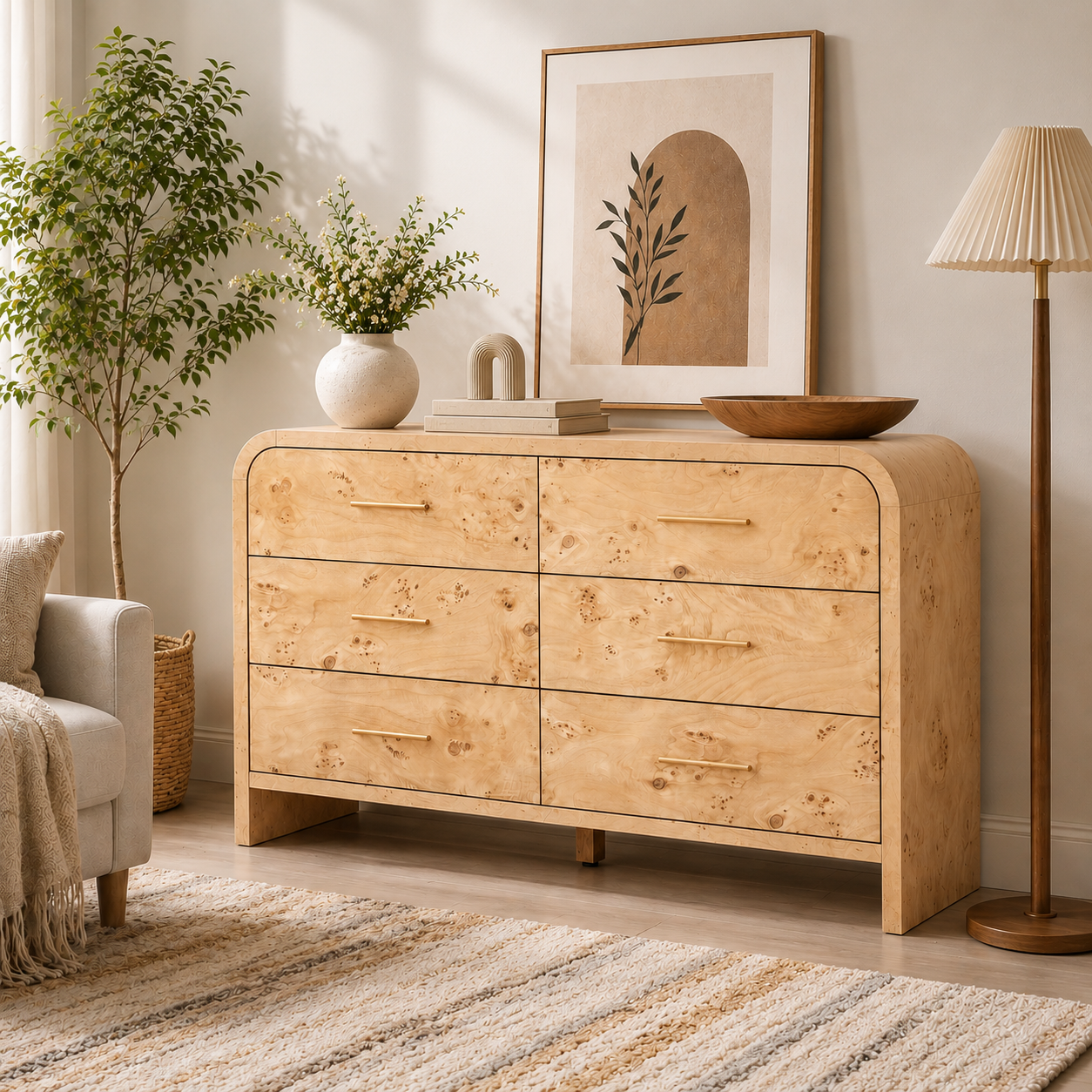 Vintagearth 6 Drawer Dresser for Bedroom, Curved 1.18" Thick FSC Certified Wood, Light Burl