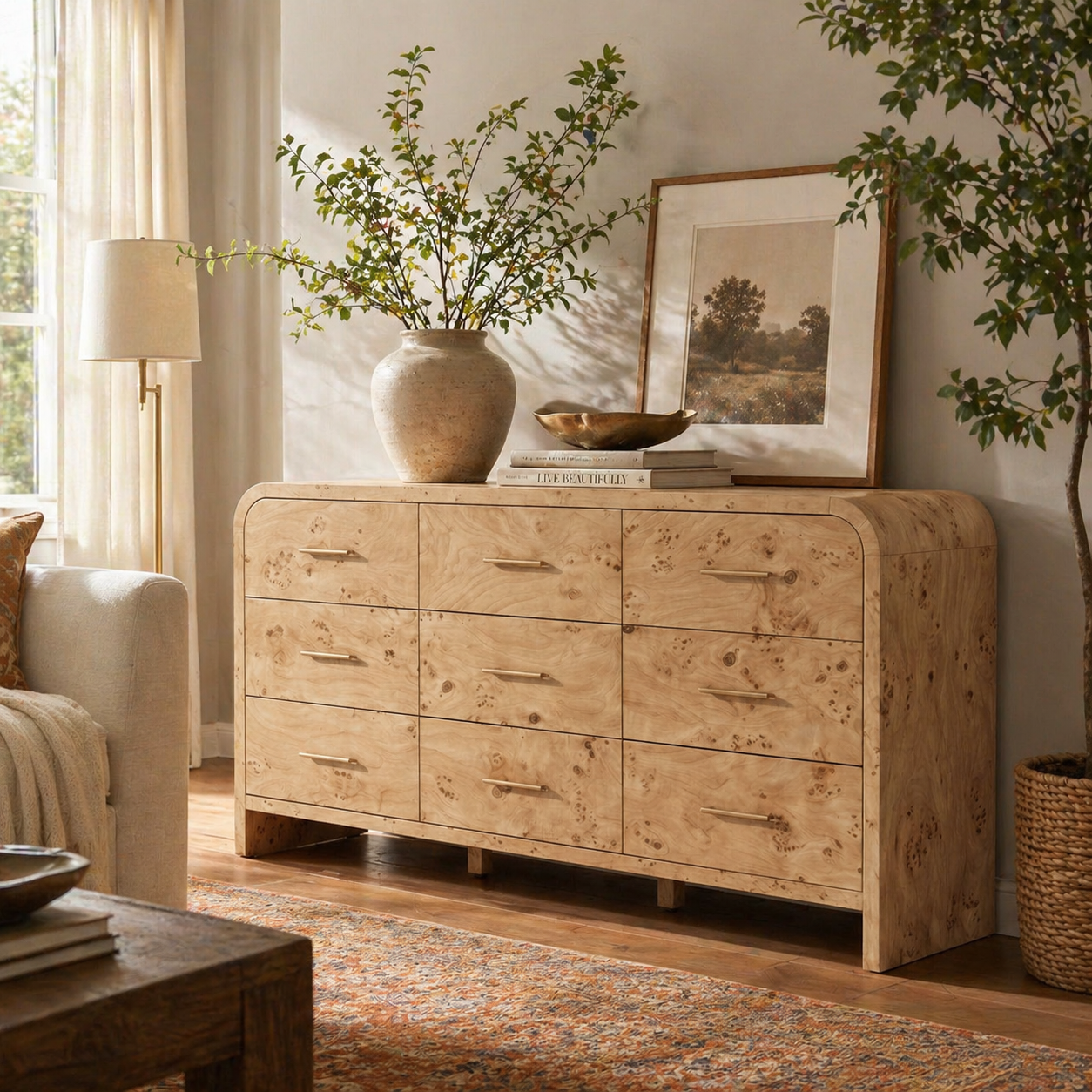 Vintagearth 9 Drawers Dresser for Bedroom, Curved FSC-certified Wood 1.18" Thick Board Dressers & Chests of Drawers for  Living Room, Hallway, Entryway, Light Burl
