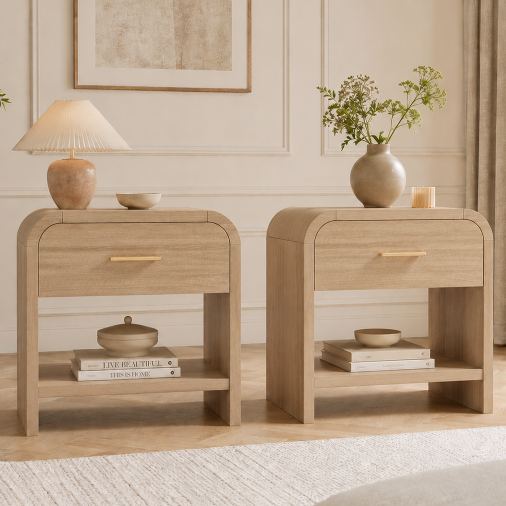 Vintagearth Nightstand Set of 2, 24" Tall Modern Bedside Table with 1.18" Thick FSC Certified Wood, 1 Drawer & 1 Open Storage Shelf, Oak