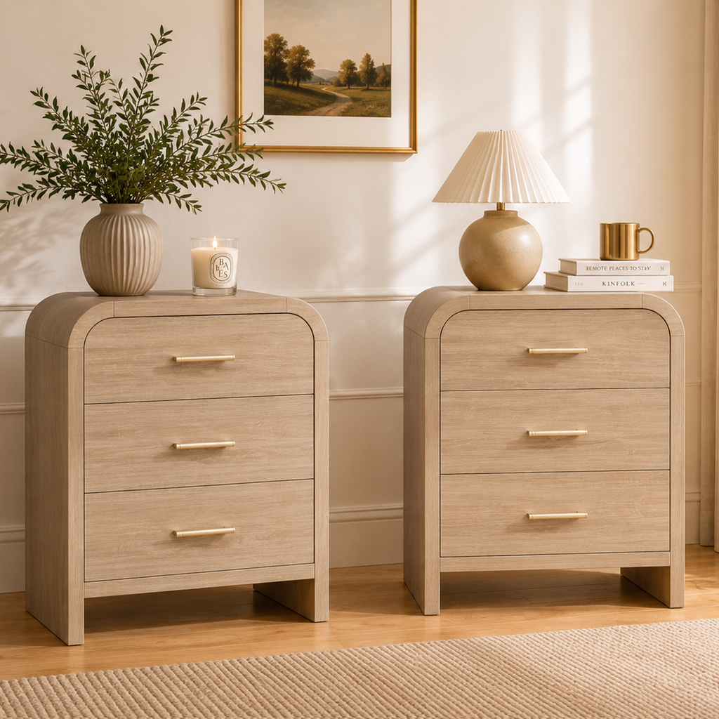 Vintagearth Nightstand Set of 2, 26.7" Tall Modern Bedside Table with 1.18" Thick FSC Certified Wood, 3 Drawer, Oak